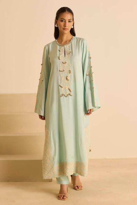 Inej_Sky Blue Cotton, Silk Embroidery, Tassels Round Neck Dori Kurta Set _Online_at_Aza_Fashions