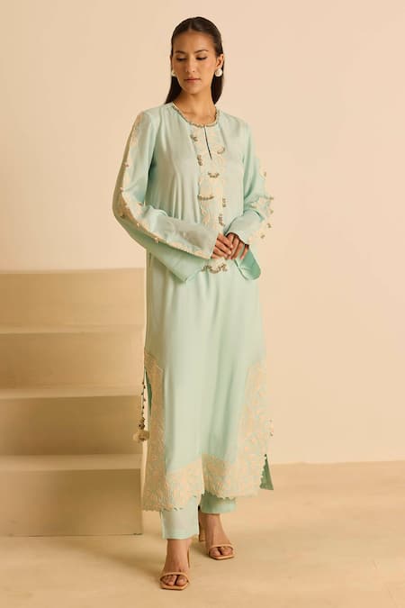 Buy_Inej_Sky Blue Cotton, Silk Embroidery, Tassels Round Neck Dori Kurta Set _Online_at_Aza_Fashions