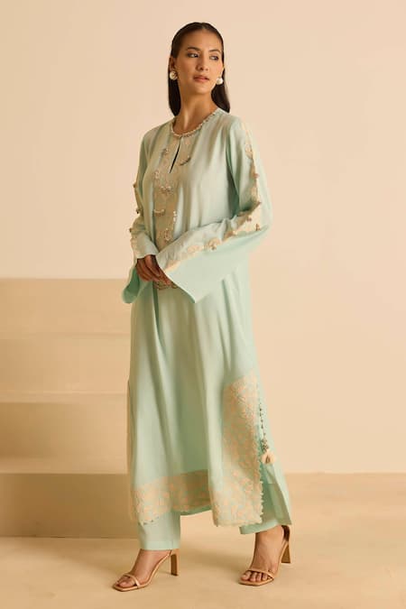 Shop_Inej_Sky Blue Cotton, Silk Embroidery, Tassels Round Neck Dori Kurta Set _Online_at_Aza_Fashions