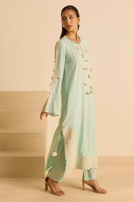 Inej_Sky Blue Cotton, Silk Embroidery, Tassels Round Neck Dori Kurta Set _at_Aza_Fashions