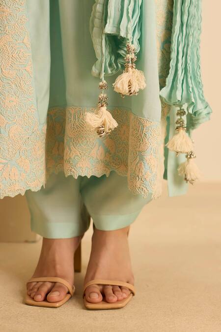 Buy_Inej_Sky Blue Cotton, Silk Embroidery, Tassels Round Neck Dori Kurta Set 