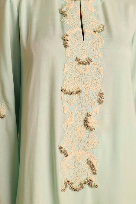 Shop_Inej_Sky Blue Cotton, Silk Embroidery, Tassels Round Neck Dori Kurta Set 