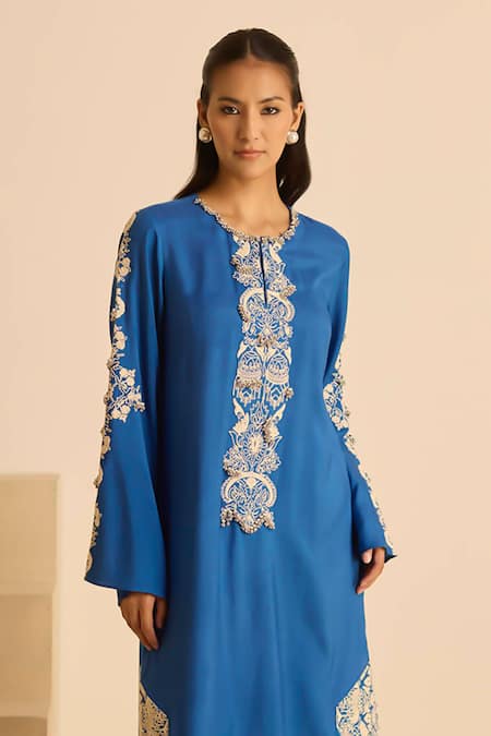 Inej_Blue Cotton Pearls, Tassels Round Neck Dori Embroidered Kurta Set _Online_at_Aza_Fashions