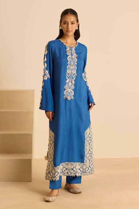 Buy_Inej_Blue Cotton Pearls, Tassels Round Neck Dori Embroidered Kurta Set _Online_at_Aza_Fashions
