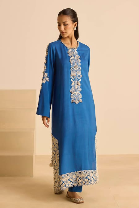 Shop_Inej_Blue Cotton Pearls, Tassels Round Neck Dori Embroidered Kurta Set _Online_at_Aza_Fashions
