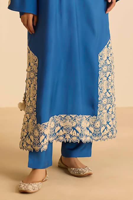Buy_Inej_Blue Cotton Pearls, Tassels Round Neck Dori Embroidered Kurta Set 