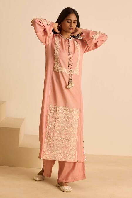 Inej_Pink Cotton, Silk Tassels, Pearls, Embroidery Round Neck Dori Kurta Set _Online_at_Aza_Fashions