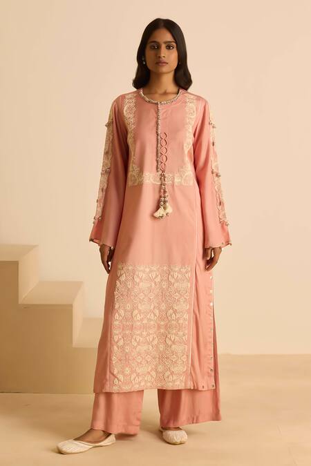Buy_Inej_Pink Cotton, Silk Tassels, Pearls, Embroidery Round Neck Dori Kurta Set _Online_at_Aza_Fashions