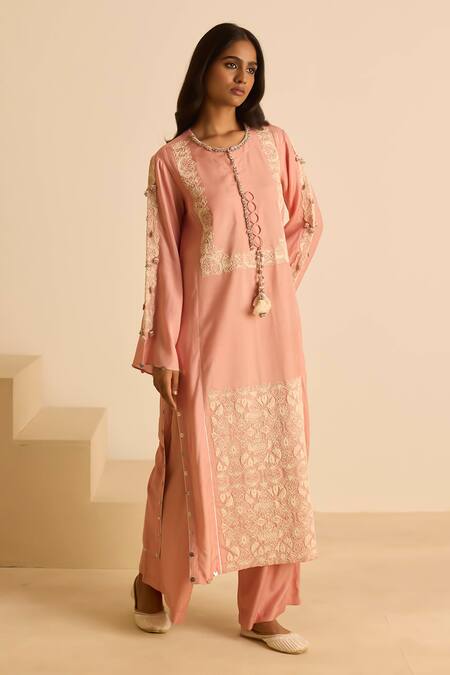 Shop_Inej_Pink Cotton, Silk Tassels, Pearls, Embroidery Round Neck Dori Kurta Set _Online_at_Aza_Fashions
