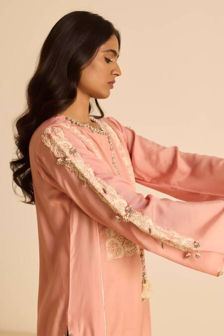 Inej_Pink Cotton, Silk Tassels, Pearls, Embroidery Round Neck Dori Kurta Set _at_Aza_Fashions