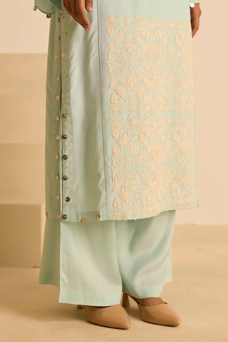 Buy_Inej_Sky Blue Cotton Tassels, Pearls, Embroidery Round Neck Dori Kurta Set _Online_at_Aza_Fashions