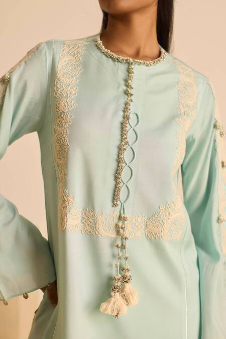 Shop_Inej_Sky Blue Cotton Tassels, Pearls, Embroidery Round Neck Dori Kurta Set _Online_at_Aza_Fashions