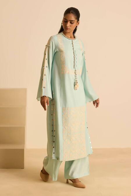 Inej_Sky Blue Cotton Tassels, Pearls, Embroidery Round Neck Dori Kurta Set _at_Aza_Fashions