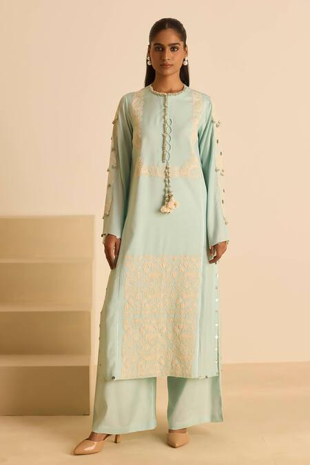Buy_Inej_Sky Blue Cotton Tassels, Pearls, Embroidery Round Neck Dori Kurta Set 