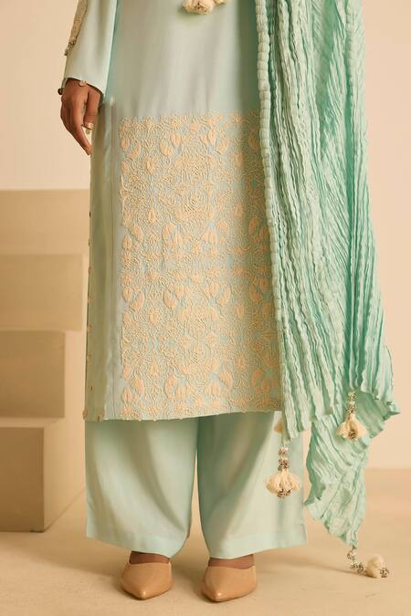 Shop_Inej_Sky Blue Cotton Tassels, Pearls, Embroidery Round Neck Dori Kurta Set 