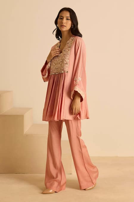 Inej_Pink Cotton Sequins, Pearls Split Gathered Yoke Top And Bell Bottom Pant Set _Online_at_Aza_Fashions
