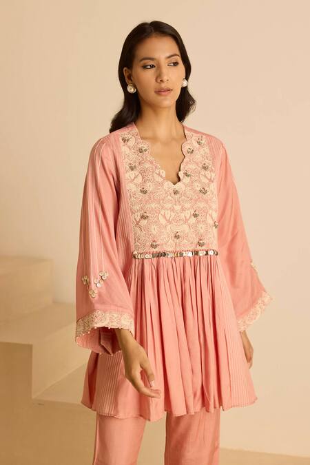 Buy_Inej_Pink Cotton Sequins, Pearls Split Gathered Yoke Top And Bell Bottom Pant Set _Online_at_Aza_Fashions