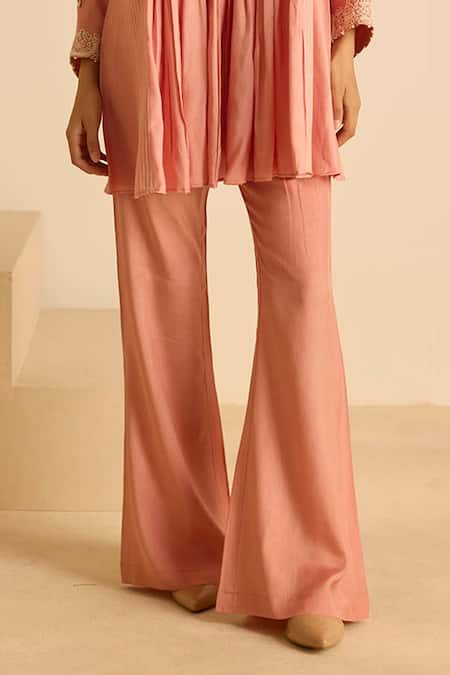 Shop_Inej_Pink Cotton Sequins, Pearls Split Gathered Yoke Top And Bell Bottom Pant Set _Online_at_Aza_Fashions