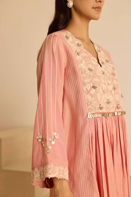 Inej_Pink Cotton Sequins, Pearls Split Gathered Yoke Top And Bell Bottom Pant Set _at_Aza_Fashions