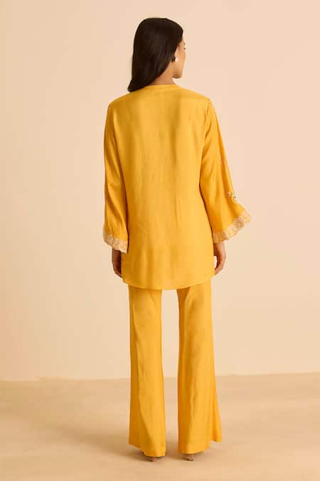 Shop_Inej_Orange Cotton, Silk Sequins, Pearls V-neck Gathered Top And Bell Bottom Pant Set _at_Aza_Fashions