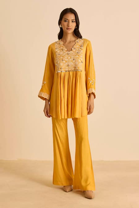Inej_Orange Cotton, Silk Sequins, Pearls V-neck Gathered Top And Bell Bottom Pant Set _Online_at_Aza_Fashions
