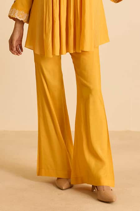 Shop_Inej_Orange Cotton, Silk Sequins, Pearls V-neck Gathered Top And Bell Bottom Pant Set _Online_at_Aza_Fashions