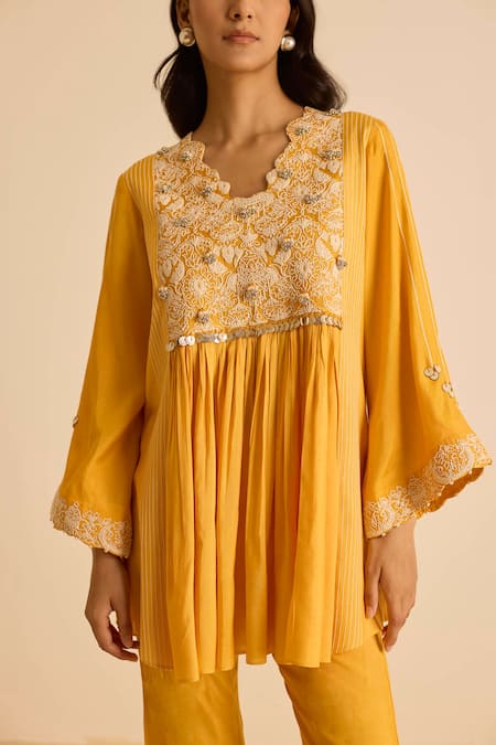 Inej_Orange Cotton, Silk Sequins, Pearls V-neck Gathered Top And Bell Bottom Pant Set _at_Aza_Fashions