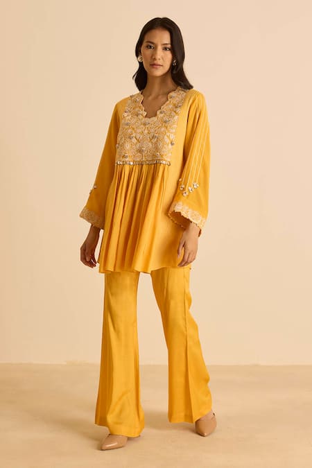Buy_Inej_Orange Cotton, Silk Sequins, Pearls V-neck Gathered Top And Bell Bottom Pant Set 