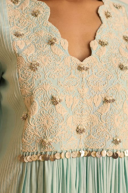 Shop_Inej_Sky Blue Cotton, Silk Pearls, Sequins V-neck Embroidered Kurta Set 