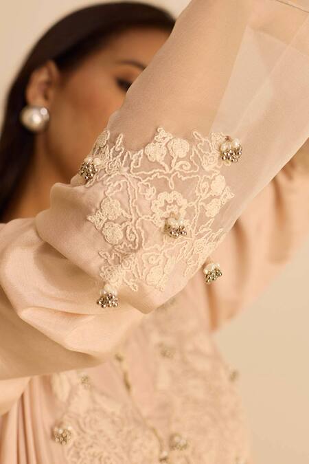 Inej_Peach Cotton Satin Embroidery, Tassels, Pearls Draped Top And Cigarette Pant Set _Online_at_Aza_Fashions