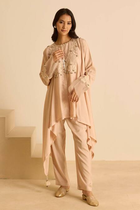 Buy_Inej_Peach Cotton Satin Embroidery, Tassels, Pearls Draped Top And Cigarette Pant Set _Online_at_Aza_Fashions