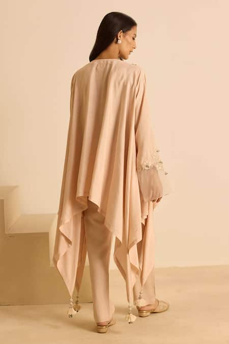 Shop_Inej_Peach Cotton Satin Embroidery, Tassels, Pearls Draped Top And Cigarette Pant Set _at_Aza_Fashions