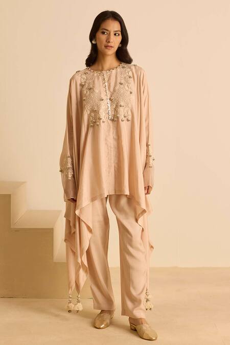 Shop_Inej_Peach Cotton Satin Embroidery, Tassels, Pearls Draped Top And Cigarette Pant Set _Online_at_Aza_Fashions