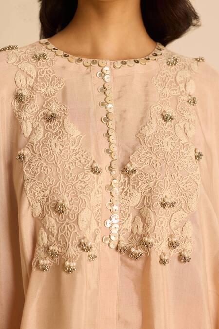 Inej_Peach Cotton Satin Embroidery, Tassels, Pearls Draped Top And Cigarette Pant Set _at_Aza_Fashions