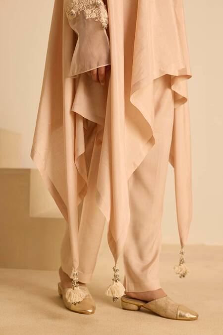 Buy_Inej_Peach Cotton Satin Embroidery, Tassels, Pearls Draped Top And Cigarette Pant Set 