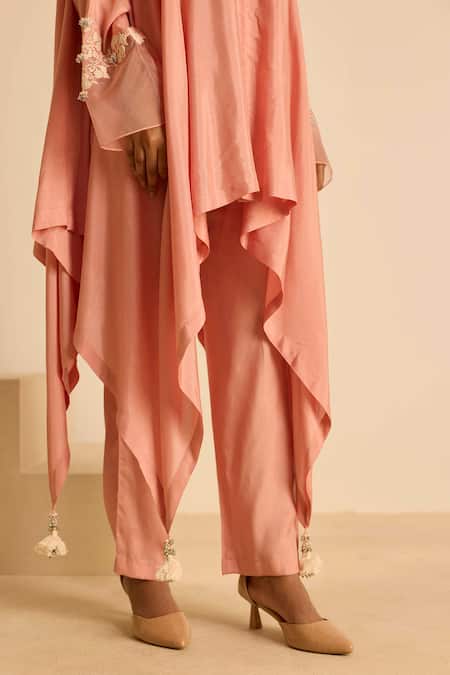 Inej_Pink Cotton, Silk Tassels, Pearls Round Neck Embroidered Drape Tunic Set _Online_at_Aza_Fashions