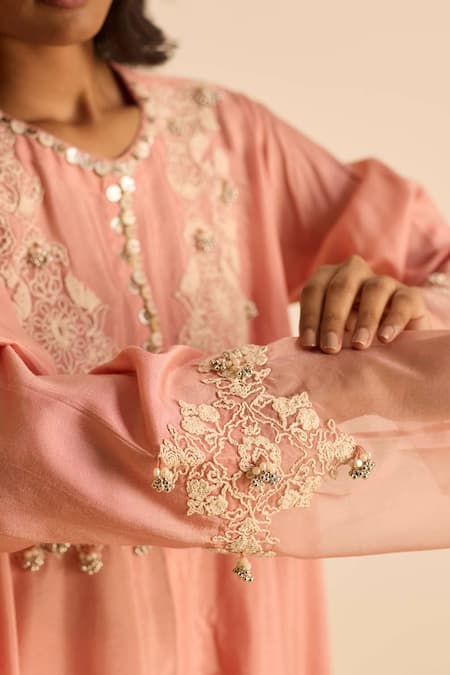 Buy_Inej_Pink Cotton, Silk Tassels, Pearls Round Neck Embroidered Drape Tunic Set _Online_at_Aza_Fashions