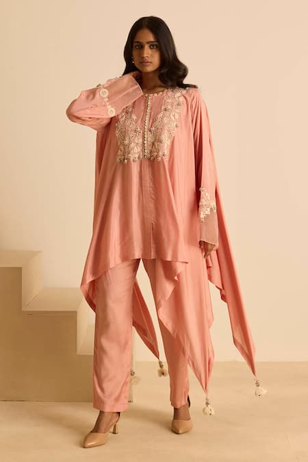 Shop_Inej_Pink Cotton, Silk Tassels, Pearls Round Neck Embroidered Drape Tunic Set _Online_at_Aza_Fashions