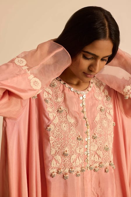 Inej_Pink Cotton, Silk Tassels, Pearls Round Neck Embroidered Drape Tunic Set _at_Aza_Fashions