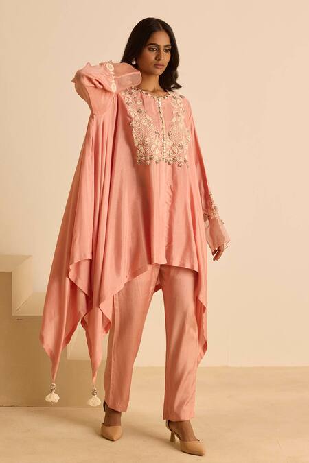 Buy_Inej_Pink Cotton, Silk Tassels, Pearls Round Neck Embroidered Drape Tunic Set 