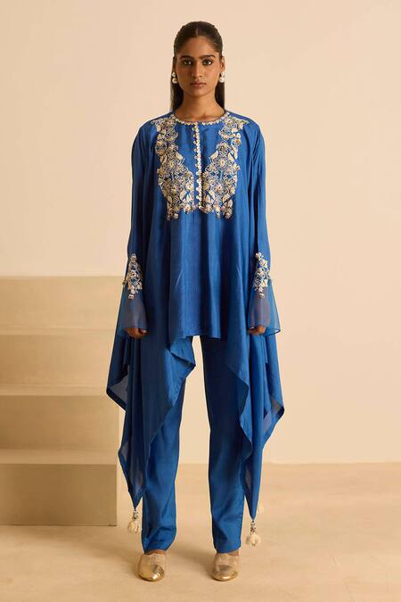 Inej_Blue , Silk, Satin Embroidery, Draped Top And Cigarette Pants Set _Online_at_Aza_Fashions