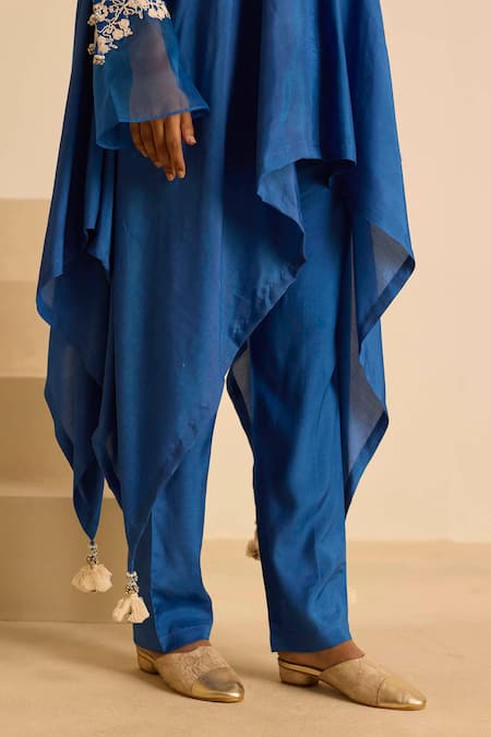 Buy_Inej_Blue , Silk, Satin Embroidery, Draped Top And Cigarette Pants Set _Online_at_Aza_Fashions