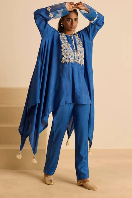 Shop_Inej_Blue , Silk, Satin Embroidery, Draped Top And Cigarette Pants Set _Online_at_Aza_Fashions
