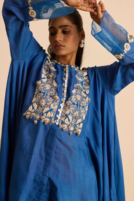 Inej_Blue , Silk, Satin Embroidery, Draped Top And Cigarette Pants Set _at_Aza_Fashions