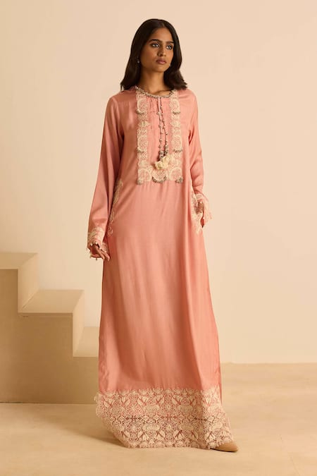 Inej_Pink Cotton, Silk Pearls, Tassels Round Embroidered Straight Cut Maxi Dress _Online_at_Aza_Fashions