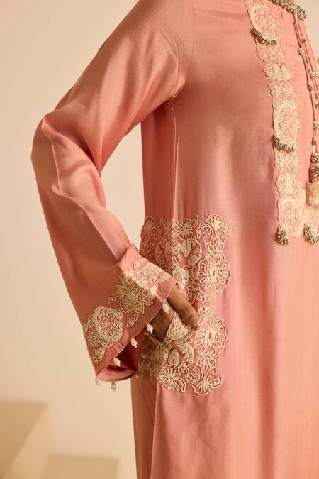 Shop_Inej_Pink Cotton, Silk Pearls, Tassels Round Embroidered Straight Cut Maxi Dress _Online_at_Aza_Fashions