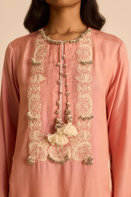 Inej_Pink Cotton, Silk Pearls, Tassels Round Embroidered Straight Cut Maxi Dress _at_Aza_Fashions