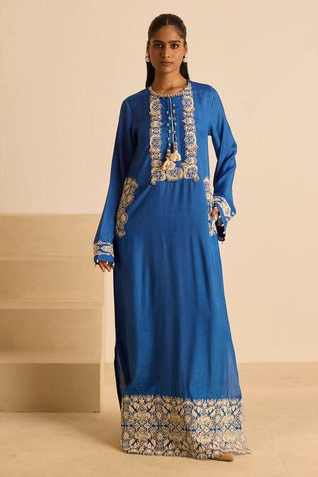 Inej_Blue Cotton, Silk Pearls, Tassels Round Neck Straight Cut Maxi Dress _Online_at_Aza_Fashions