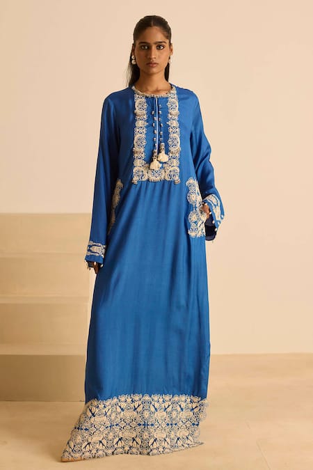 Buy_Inej_Blue Cotton, Silk Pearls, Tassels Round Neck Straight Cut Maxi Dress _Online_at_Aza_Fashions