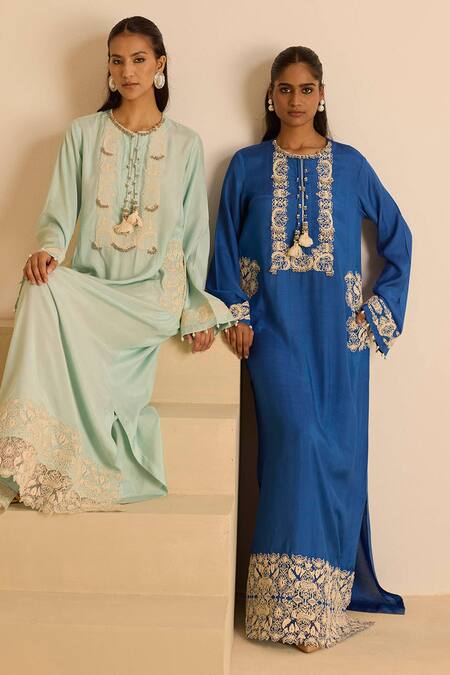 Shop_Inej_Blue Cotton, Silk Pearls, Tassels Round Neck Straight Cut Maxi Dress _Online_at_Aza_Fashions